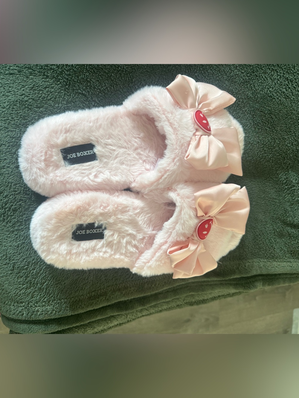 Joe Boxer Light Pink Fuzzy Slide Slippers with Satin Bows